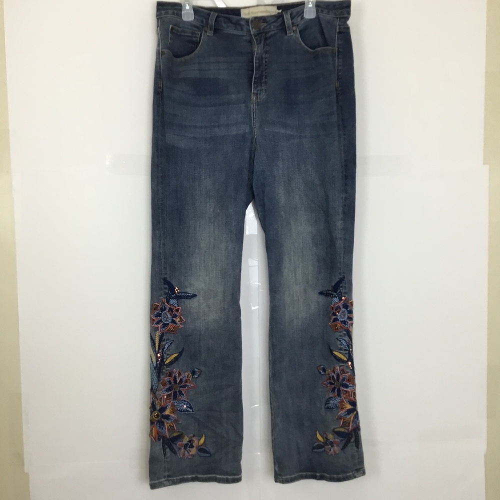 Soft Surroundings Denim Boot-Cut Jeans with Embroidered Floral Detail - Blue